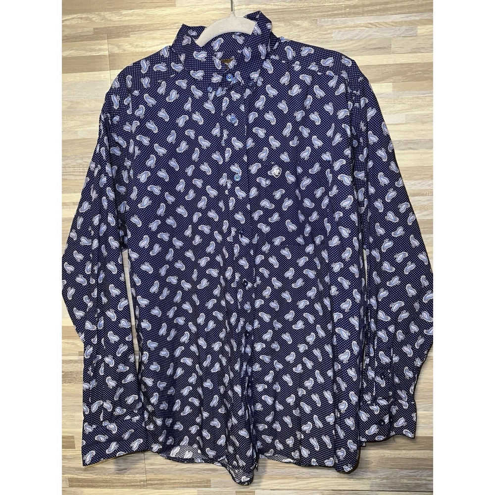 Ariat Men's L Blue Paisley Button Western Stretch Long Sleeve Shirt Rodeo #M